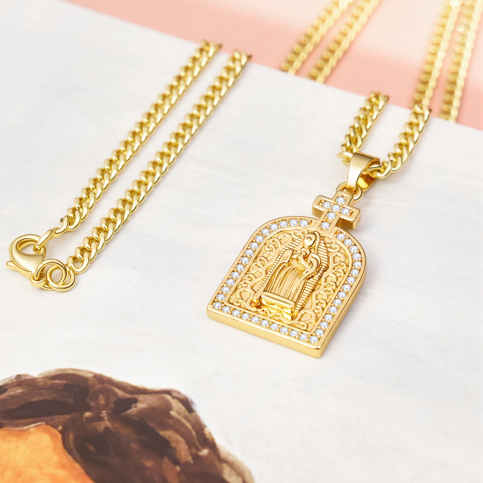 18K Gold Plated Virgin Cross Necklace with Zircon